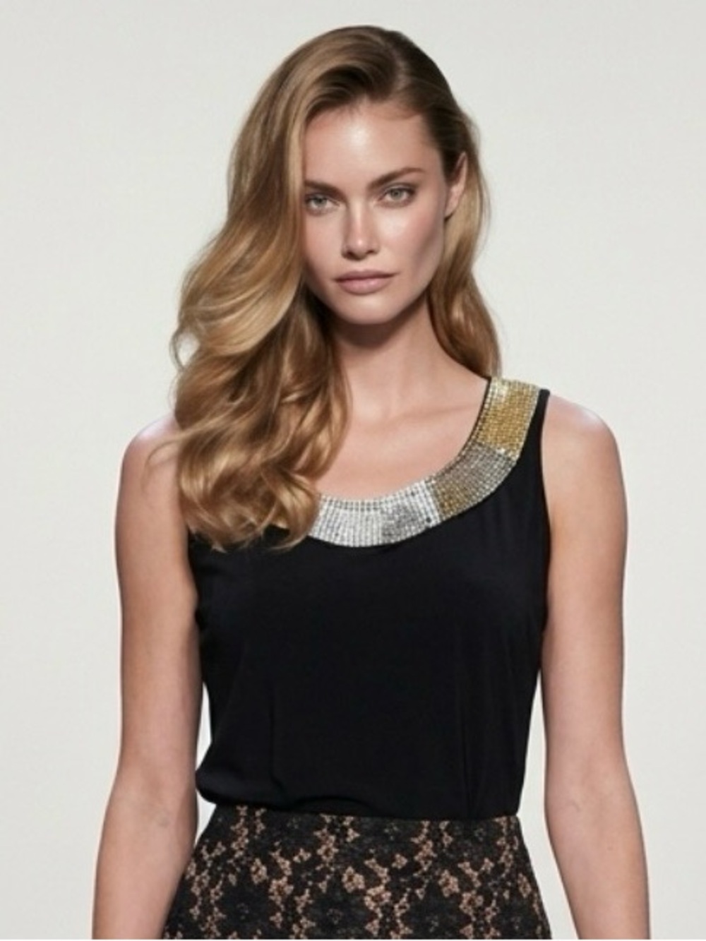 2 for $30 | Black Tank Top with Gold and Silver Beaded Neckline